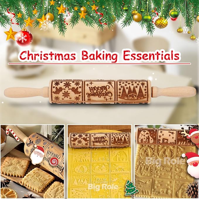 Christmas Embossed Rolling Pin for Baking Cookies Embossing Rolling Pins with Design Wooden Engraved Springerle Roller Pin Dough Patterned Clay Pottery Ceramic Bakers Women (Nativity Patterns)