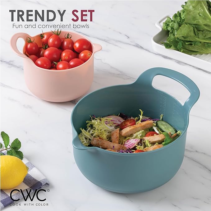 COOK WITH COLOR Nesting Plastic Mixing Bowl Set with Pour Spouts and Handles, Teal and Pink, 4 Piece Non-Slip - Image 5