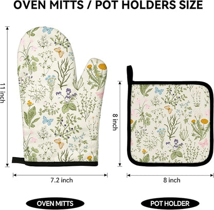 Vintage Wild Floral Oven Mitts and Pot Holders Sets Green Botanical Butterfly Kitchen Oven Gloves Hot Pads Farmhouse Potholders and Kitchen Mitts 4Pcs for Baking Cooking BBQ (Beige)