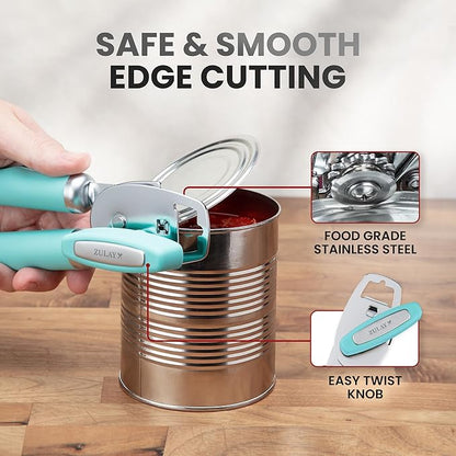 Zulay Kitchen Heavy Duty Stainless Steel Can Opener Manual with Bottle Opener - Rust Proof Manual Can Opener With Turn Knob & Comfy Soft Grip Handles - Teal - Image 4