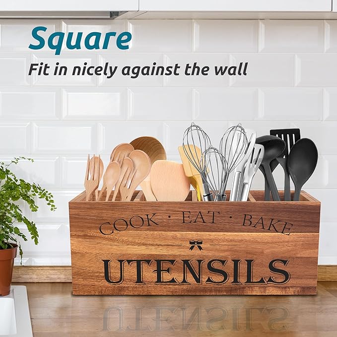 Suli Acacia Wood Utensil Holder for Kitchen Counter,Extra Large Utensils Holder with 4 Compartments,Caddy Organizer for Countertop, Farmhouse Kitchen Decor, Rustic Cooking Utensil - Image 5