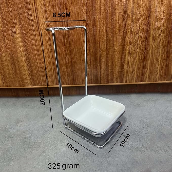 Steel Upright Ladle Holder Square White Ceramic Bowl Spoon Rest Rack Cooking Utensil Holder