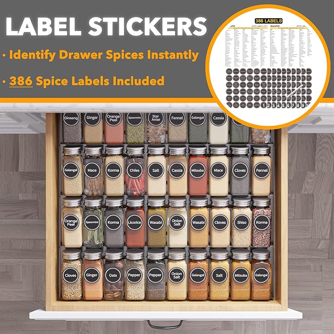 SpaceAid Spice Drawer Organizer with 40 Spice Jars, 386 Spice Labels, 4 Tier Seasoning Rack Tray Insert for Kitchen Drawers, 18.5" Wide x 17.5" Deep - Image 3