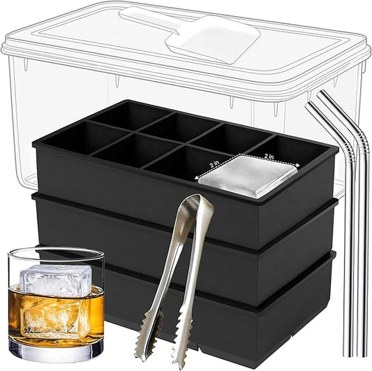 Large Silicone Ice Cube Tray - 3 Pack Trays for 8 Square Cubes with Large Bin, Scoop, Tong & 2 SS Straws - Easy Release Ice Mold for Whiskey, Cocktails, Coffee (Black) by CozyKitchenEssentials