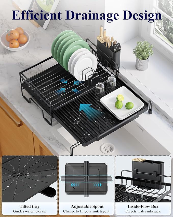 Kitsure Extendable Dish Drying Rack - Adjustable Length 12.8"–21.0", Auto-Draining Dish Rack for Kitchen Counter, Rust-Resistant Metal Frame Over-Sink Support for Plates, Bowls & Utensils, Black - Image 4