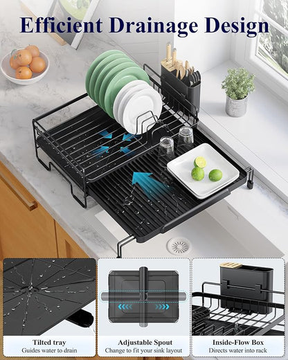Kitsure Extendable Dish Drying Rack - Adjustable Length 12.8"–21.0", Auto-Draining Dish Rack for Kitchen Counter, Rust-Resistant Metal Frame Over-Sink Support for Plates, Bowls & Utensils, Black - Image 4