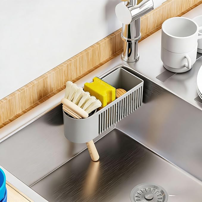 SuoXing Inside Sink Sponge Holder,Grey Rustproof Sink Caddy and Scrub Holder for Kitchen Sink with Suction Cup,Adhesive,Plastic Dish Sink Organizer for Scrub Brush,Scrubber,Dish Sponge,Spinge Holder - Image 2