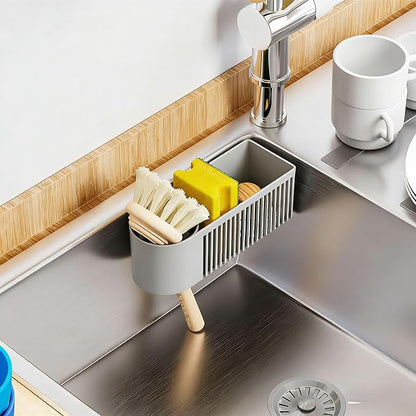 SuoXing Inside Sink Sponge Holder,Grey Rustproof Sink Caddy and Scrub Holder for Kitchen Sink with Suction Cup,Adhesive,Plastic Dish Sink Organizer for Scrub Brush,Scrubber,Dish Sponge,Spinge Holder - Image 2
