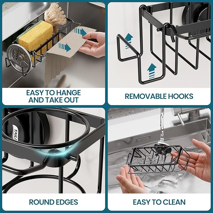 TAILI Sponge Holder with Strong Suction Cup, 4-in-1 Rustproof Sink Organizer - Sink Caddy Holds Sponges, Brushes, Stoppers & Scrapers -Black - Image 5