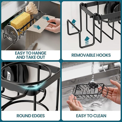 TAILI Sponge Holder with Strong Suction Cup, 4-in-1 Rustproof Sink Organizer - Sink Caddy Holds Sponges, Brushes, Stoppers & Scrapers -Black - Image 5