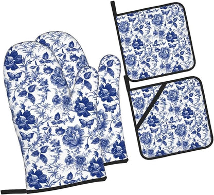 Blue and White Porcelain Floral Butterfly Oven Mitts and Pot Holders Set of 4,Vintage Chinoiserie Heat Resistant Non-Slip Potholders Oven Gloves and Pad for Kitchen Cooking Baking Grilling BBQ
