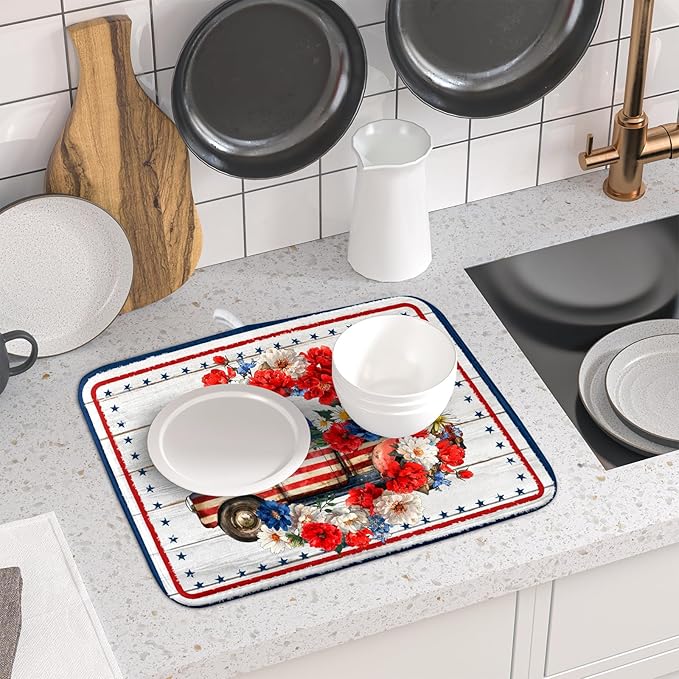American Flag Dish Drainer Mat Flowers Absorbent Dish Rack Pad for Kitchen Coffee Bar Sinks - Image 6