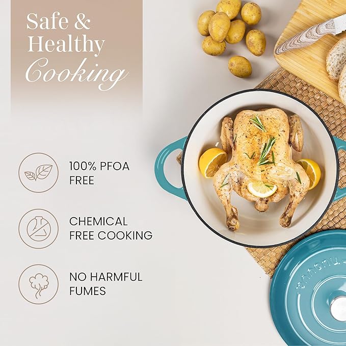 Nuovva Enamelled Cast Iron Dutch Oven Pot with Lid – 6.4 Quart Non Stick Casserole Pot – Heavy Duty & Oven Safe up to 500° F for Bread Baking, Braising, Stews, Roasting – 28cm Teal - Image 4