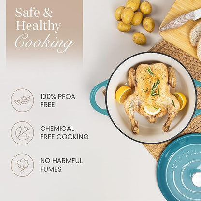 Nuovva Enamelled Cast Iron Dutch Oven Pot with Lid – 6.4 Quart Non Stick Casserole Pot – Heavy Duty & Oven Safe up to 500° F for Bread Baking, Braising, Stews, Roasting – 28cm Teal - Image 4