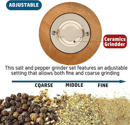 Salt and Pepper Grinder Set Wooden Pepper Salt Grinder Set Manual Pepper Mill Set Classical Hand Shake Ceramic Blades Metal Handle Wooden Pepper Shaker with Adjustable Coarseness