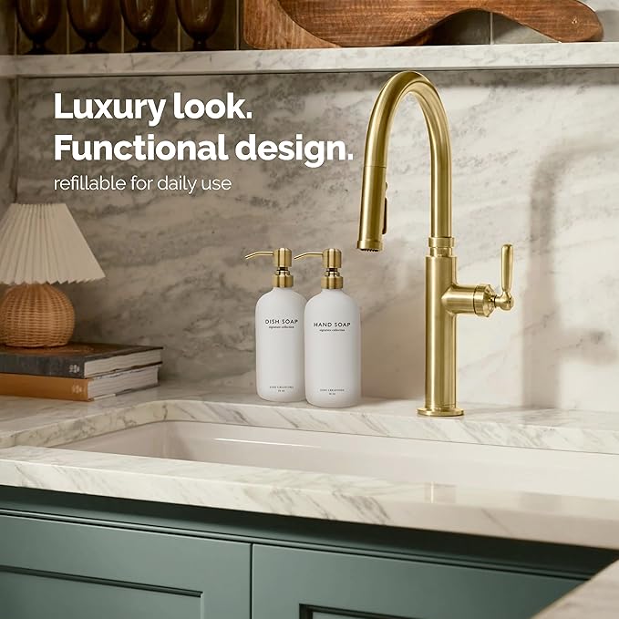 Vine Creations White Glass Soap Dispenser Set, Dish Soap and Hand Soap Dispenser Set with Stainless Steel Pump, 16 oz Glass Dispensers for Kitchen or Bathroom Decor (Matte White Bottle/Brushed Brass) - Image 4