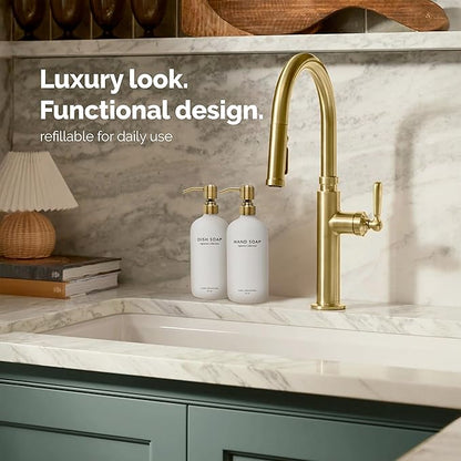 Vine Creations White Glass Soap Dispenser Set, Dish Soap and Hand Soap Dispenser Set with Stainless Steel Pump, 16 oz Glass Dispensers for Kitchen or Bathroom Decor (Matte White Bottle/Brushed Brass) - Image 4