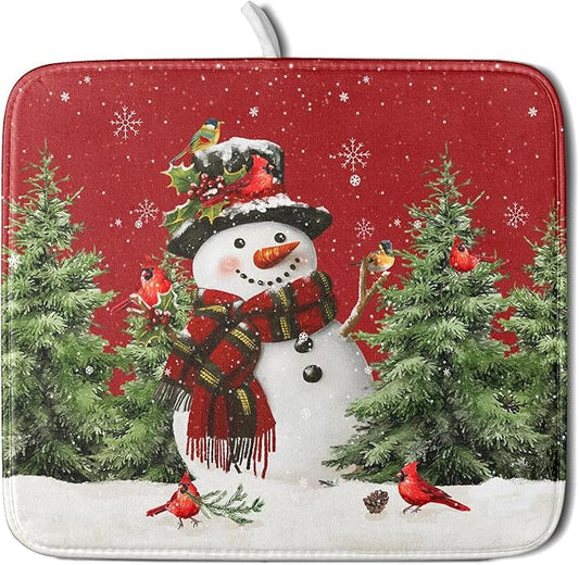 Christmas Dish Drying Mat for Kitchen Counter Snowman Green Christmas Tree Microfiber Absorbent Dish Draining Reusable Washable Foldable 16"x18" by Unknown