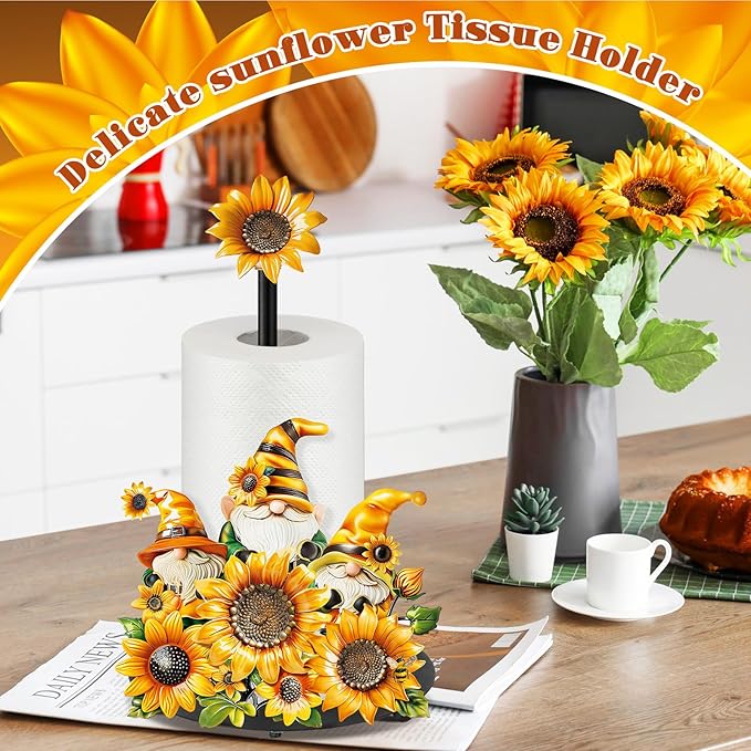 Thyle Sunflower Paper Towel Holder Summer Sunflower Gnome Kitchen Decor and Accessories Rustic Farmhouse Dispenser Kitchen Paper Holder Stand with Round Base for Countertop Toilet Home Accessories