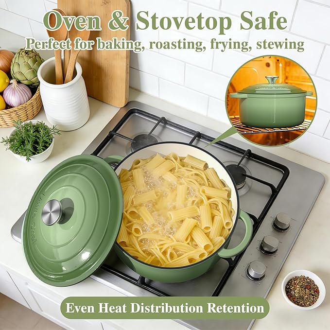 Umite Chef Enameled Cast Iron Dutch Oven-7QT Pot with Lid Cookbook & Cotton, Heavy-Duty Cookware for for Bread Baking, Braising, Stews, Marinate, Cook(Sage Green) - Image 6