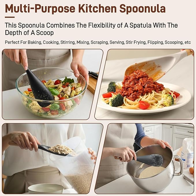 3 PACK Cooking Spatula Spoon for Nonstick Cookware, Multifunction Spoonula Great for Cooking, Serving, Baking, Mixing, Stirring, Scoop, Scrape - Sturdy BPA-Free Heat Resistant Silicone & Wood Handle - Image 3