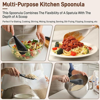 3 PACK Cooking Spatula Spoon for Nonstick Cookware, Multifunction Spoonula Great for Cooking, Serving, Baking, Mixing, Stirring, Scoop, Scrape - Sturdy BPA-Free Heat Resistant Silicone & Wood Handle - Image 3