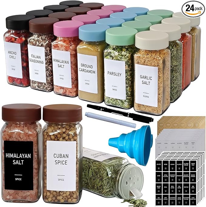 Spice Jars with Labels - 24 Glass Spice with Shaker Lids & Airtight Plastic Caps - 4oz Complete Seasoning Containers Organizer Set for Cabinet, Drawer & Rack (Brown) by Unknown