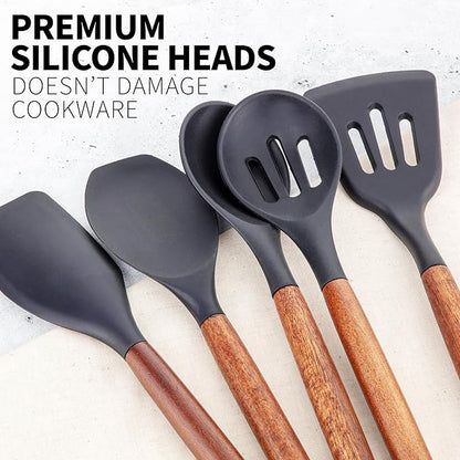 Zulay Kitchen Non-Stick Cooking Utensils Set with Authentic Acacia Wood Handles – 5-Piece Durable & Stylish Silicone Kitchen Utensils Set – Heat Resistant to 464°F – Black - Image 9