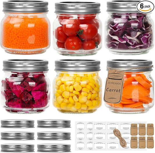 Eathtek Small Mason Jars 8oz/240ml with Regular Lids, 6 Pack Glass Canning Jars With Labels, Mini Glass Jars for Jam Jelly Spice Honey Herbs, Wedding Shower Favors Food Storage Candle Jars