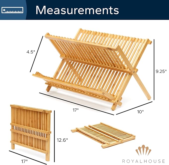 RoyalHouse Premium Natural Bamboo Dish Rack, Collapsible Dish Drainer, Foldable and Compact Dish Drying Rack for Kitchen Counter - Image 6