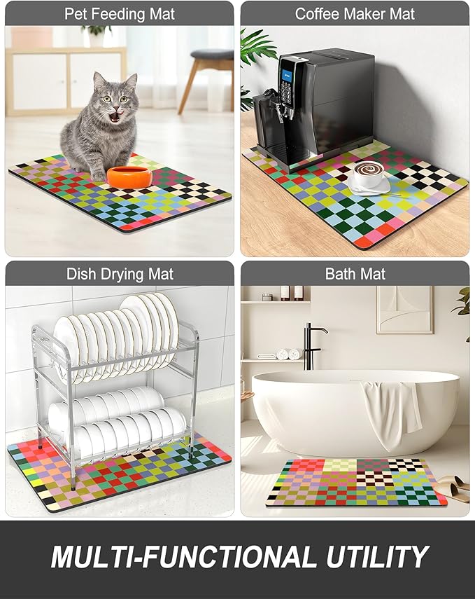 Rnivvi Dish Drying Mat for Kitchen Counter, XL 15 x 24" Cute Checkered Absorbent Draining Pad, Non-Slip Heat Resistant Coffee Bar Mats for Coffee Machine Station Accessories, Colorful Dish Rack Pad - Image 7