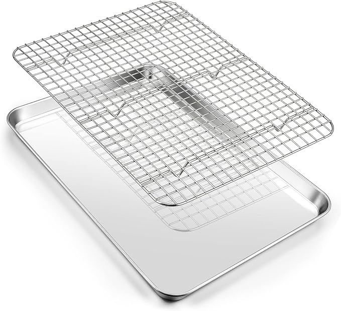 16 Inch Baking Sheet Pan with Cooling Rack Set, Joyfair Stainless Steel Toaster Oven Tray Pans with Grid Racks, Rectangular Bakeware for Cookie/Bacon, Heavy Duty & Rust-free, Dishwasher Safe