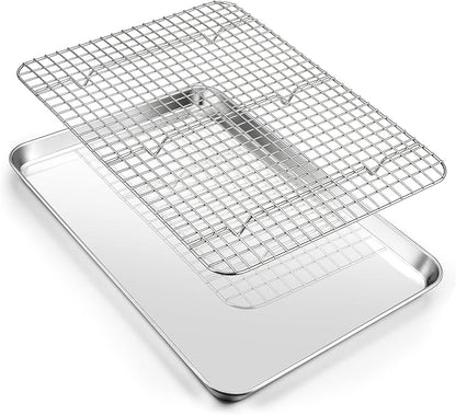 16 Inch Baking Sheet Pan with Cooling Rack Set, Joyfair Stainless Steel Toaster Oven Tray Pans with Grid Racks, Rectangular Bakeware for Cookie/Bacon, Heavy Duty & Rust-free, Dishwasher Safe