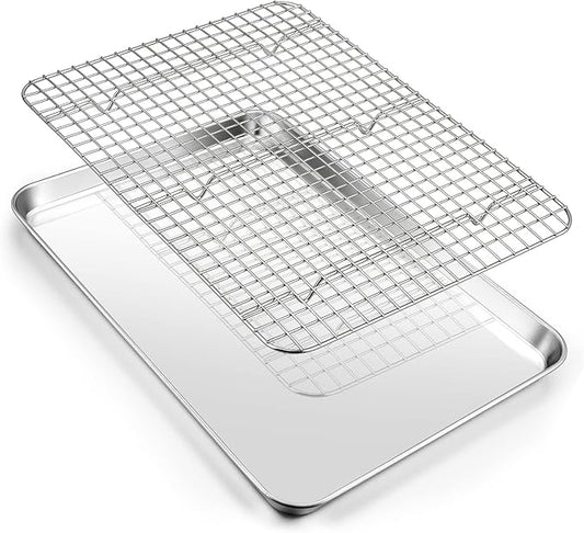 16 Inch Baking Sheet Pan with Cooling Rack Set, Joyfair Stainless Steel Toaster Oven Tray Pans with Grid Racks, Rectangular Bakeware for Cookie/Bacon, Heavy Duty & Rust-free, Dishwasher Safe