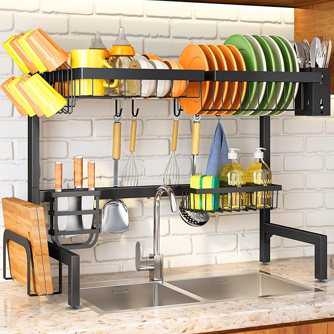 SNTD Over The Sink Dish Drying Rack - Adjustable Dish Rack for Kitchen Counter, Metal (Black) by SNTD