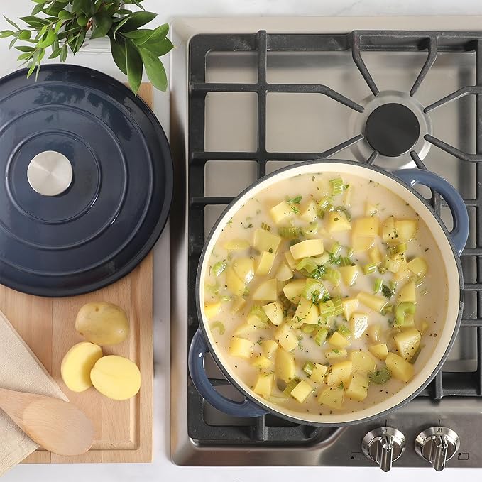 Gibson Home Addlestone 7 Qt Enameled Cast Iron Dutch Oven Pot with Lid – Round, Oven Safe to 500°F, Ideal for Bread Baking & Stews - Gradient Navy Blue - Image 5