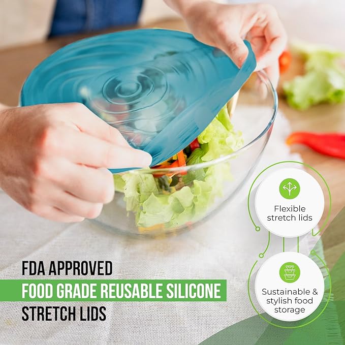 Reusable Silicone Stretch Lids for Food Storage in Fridge - Elastic Heat-Resistant Bowl Covers, Cups, Cans, Jars - Universal Food Grade Lid for Containers - 7 Pack - Blue Mist Stretchy Lid Set - Image 3
