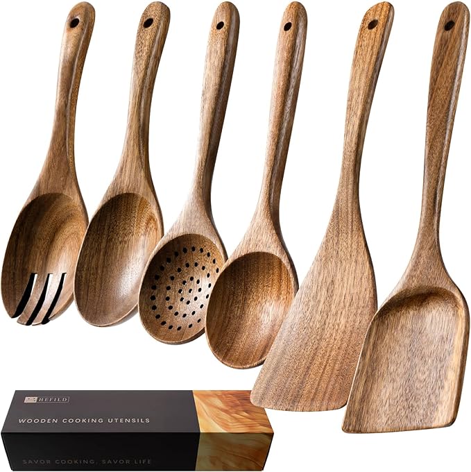 Wooden Spoons for Cooking, Nonstick Cooking Utensil Set with 6 Piece Acacia Wooden Spatulas and Spoons for Cooking, Terrific for Everyday Kitchen Tasks by HEFILD