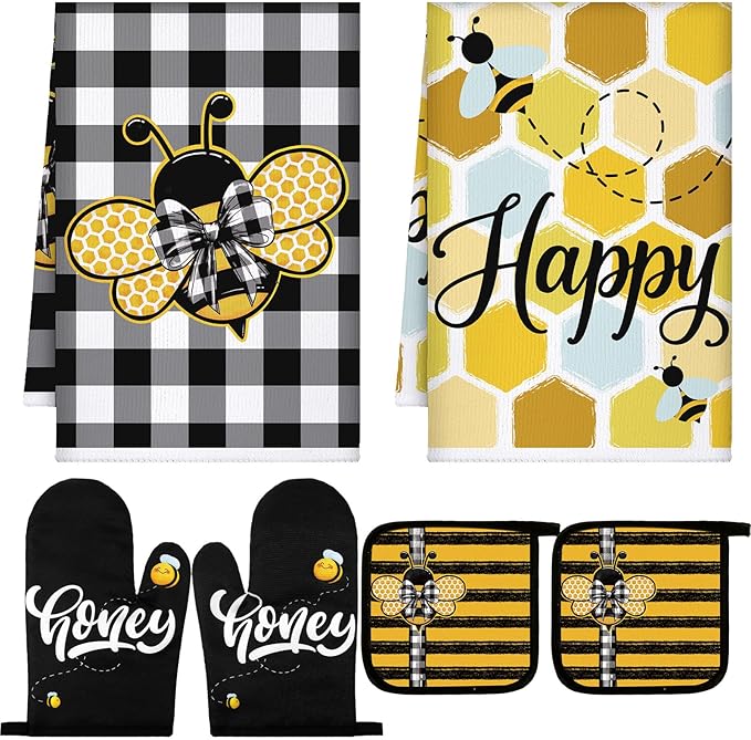 Leinuosen 6 Bee Kitchen Towels Kitchen Decor and Accessories Set Floral Plant Oven Mitts and Pot Holders Sets Farmhouse Absorbent Dish Towels for Cooking Baking Grilling by Leinuosen