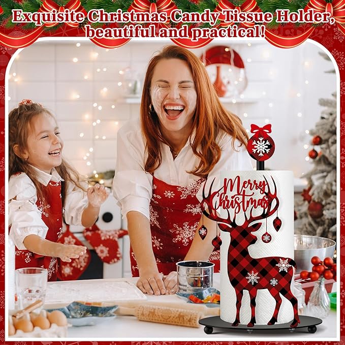 Thyle Christmas Paper Towel Holder with Round Base Reindeer Buffalo Plaid Christmas Bathroom Decor Rustic Elk Family Dispenser Kitchen Paper Holder Stand for Winter Xmas Countertop Home Accessories
