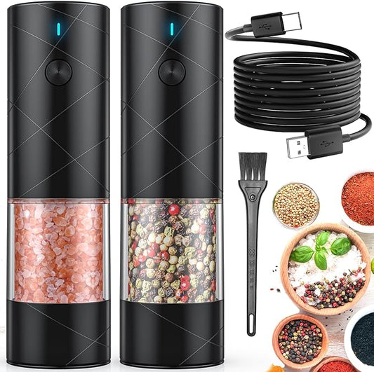 2Pack Electric Salt and Pepper Grinder Set USB Rechargeable with Warm LED Light, Adjustable Coarseness Lidaop Large Capacity Automatic Salt Pepper Mill Shakers for Kitchen, Restaurant, Outdoor, Black by Lidaop