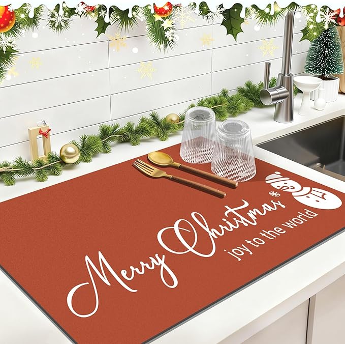 Findosom Christmas Dish Drying Mat, 12" x 20" Super Absorbent & Cuttable Dish Mat with Hello Sunshine Pattern, Hide Stain Drying Mat for Kitchen Counter Coffee Maker Dining Room Decoration, Red - Image 7
