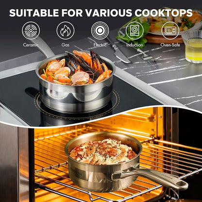 1 Quart Stainless Steel Saucepan with Lid, 6 Inch Hybrid Nonstick Sauce Pan,Small Cooking Pots,PFAS PFOA PTFE Free,Stay-Cool Handle, Dishwasher-Friendly, Oven-Safe,Compatible with All Cooktops