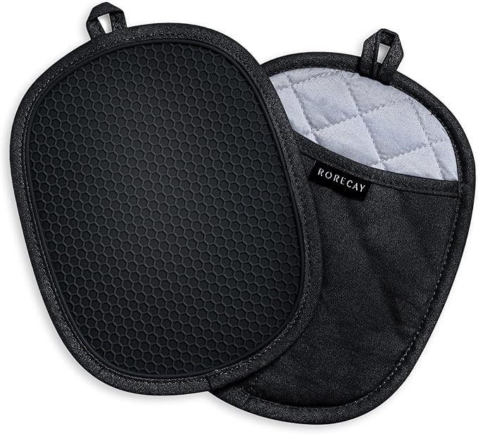 2-Pack Silicone Pot Holders for Kitchen Heat Resistant up to 500°F, Non-Slip Large Hot Pads with Pocket, Quilted Liner Trivets for Countertops Hot Pots and Pans (Black) by Rorecay