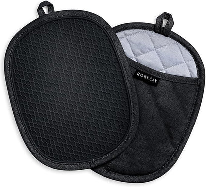 2-Pack Silicone Pot Holders for Kitchen Heat Resistant up to 500°F, Non-Slip Large Hot Pads with Pocket, Quilted Liner Trivets for Countertops Hot Pots and Pans (Black) by Rorecay