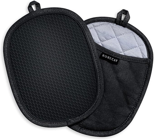 2-Pack Silicone Pot Holders for Kitchen Heat Resistant up to 500°F, Non-Slip Large Hot Pads with Pocket, Quilted Liner Trivets for Countertops Hot Pots and Pans (Black) by Rorecay
