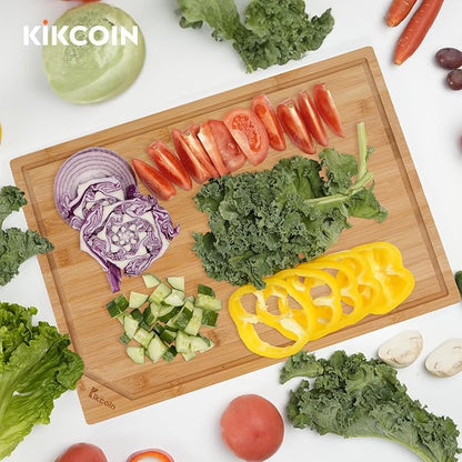 Kikcoin 17”×11” Bamboo Cutting Boards for Kitchen, Healthy Wooden Cutting Boards for Kitchen, Charcuterie, Vegetables, Cheese, Extra Large Chopping Boards with Deep Juice Groove and Handle, Natural - Image 7