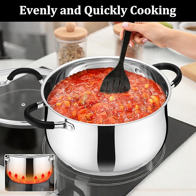E-far 6 QT Stainless Steel Pot, Stock Cooking Pot with Visible Lid for Simmering Soup Pasta, Tri-Ply Thick Base for Induction Gas, Dual Silicone Handles for Heat Proof, Non-Toxic & Dishwasher Safe - Image 8