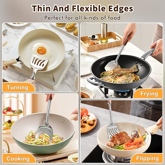 2 Pcs Stainless Steel Spatulas Set, Metal Spatula Solid & Slotted Turner, Heavy Duty Sturdy Spatula for Kitchen Use, High Heat Resistant Cooking Utensils for Fish Eggs Pancakes, Easy to Clean, Silver - Image 7