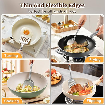 2 Pcs Stainless Steel Spatulas Set, Metal Spatula Solid & Slotted Turner, Heavy Duty Sturdy Spatula for Kitchen Use, High Heat Resistant Cooking Utensils for Fish Eggs Pancakes, Easy to Clean, Silver - Image 7